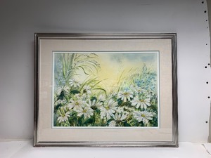 lot 110 image: Framed Signed Original Watercolor Painting wDaisies by MN Artist Lou Roman