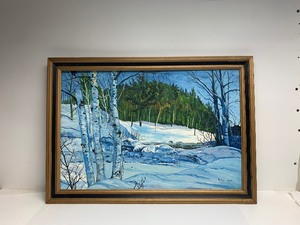 lot 108 image: Large Vintage Framed Oil on Board Winter Landscape Painting - Signed Robert Wood