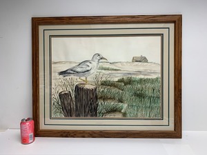 lot 114 image: Vintage Framed Original WatercolorGouache Painting - Seagull on The Marsh
