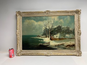 lot 116 image: Excellent Antique Oil on Canvas Painting - Winter Lakeshore Scene by Joesphine Wecker Circa 1890