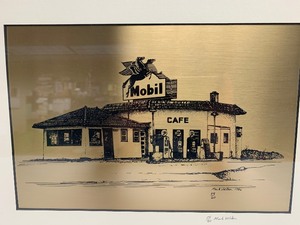 lot 118 image: Vintage Signed Numbered Brass Print - Mobil Gas Station by Mark Voelker