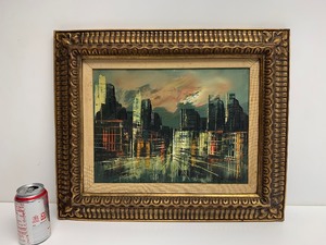 lot 121 image: Very Nice Mid Century Oil on Canvas Street Scene - T. Bantner - Info on Back