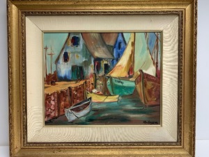 lot 127 image: Colorful Original Oil on Canvas Harbor Scene Oil on Canvas Painting by Al Gambino