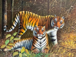 lot 131 image: Very Nice Realistic Oil on Canvas Tiger Painting