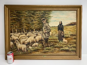 lot 132 image: Framed Vintage 1947 Oil on Board Painting - Sheep Herders Signed J. Beck