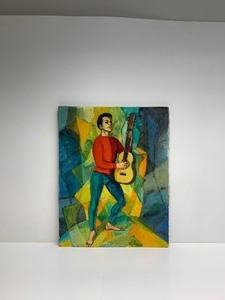 lot 129 image: Mid Century 1960s Oil on Canvas Painting - Man with Guitar - Signed Hoffner