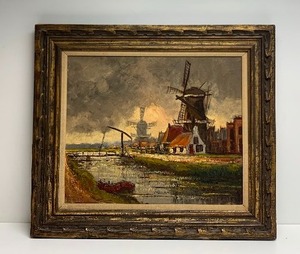 lot 134 image: Framed Vintage Original Oil on Board Painting River Scene w Windmills - Signed Le Schippers
