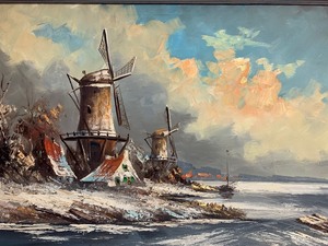 lot 135 image: Excellent Vintage Framed Original Oil Painting - Shore Scene wWindmill - Signed Massop