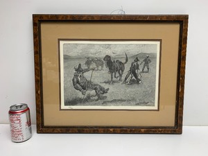 lot 157 image: Orig Vintage Framed Frederic Remington Wood Engraving Teaching a Mustang Pony to Pack Dead Game