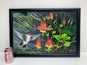 lot 179 image: Beautiful Vintage Framed Original Acrylic on Board Hummingbird Painting - Signed Mowitz