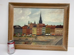lot 183 image: Excellent Signed Vintage Mid Century Oil on Canvas Folk Art City Scene - Dated 1951