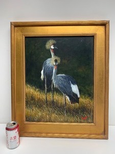lot 184 image: Fantastic Original OilAcrylic on Board Painting - Signed Barrett - Grey Crowned Cranes