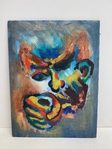 lot 193 image: Interesting Vintage Acrylic on Masonite Painting - Man wFist - Marked LD-6(G) on Back