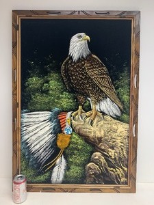 lot 188 image: Large Vintage Original Painting on Velvet - Perched Eagle wNative American Headdress