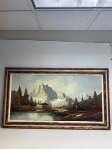 lot 190 image: Very Nice LARGE Oil on Canvas Cabin in the Mountains Painting - Signed A. Silver