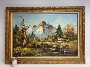 lot 187 image: Very Nice LARGE Signed Oil on Canvas Cabin in the Mountains Painting by Eugene Wood