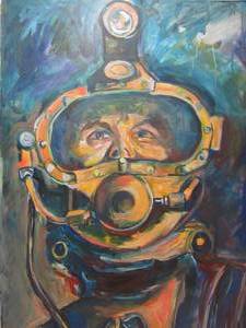 lot 210 image: Original Pop Art Vintage Scuba Diver Illustration Painting Unframed