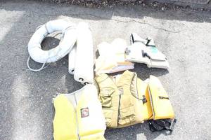 (5) Life Vests, Life Preserver Ring, (3) Floatation Tubes