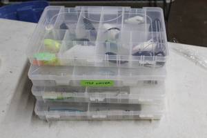 Lot of (4) Galyans Plastic Utility Tackle Boxes with Fishing Tackle - Hooks