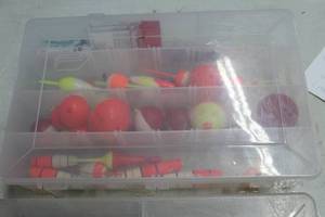 Lot of (3) Plastic Utility Tackle Boxes with Fishing Tackle - Bobbers, Lures