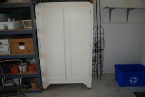 Vintage wood cabinet painted white,...