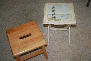 2 wood stools, one is painted and f...