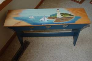Painted wood bench with ocean scene...