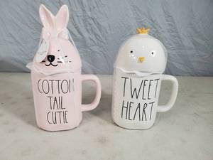 2 New Adorable Rae Dunn Mugs with Toppers