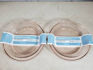2 New Anchor Hocking Laurel Embossed Pink Pie Plates