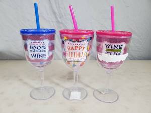 3 New 13 oz Wine Tumblers with Straws