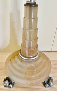 lot 113 image: Vintage Art Deco Houze Glass Swirled Akro Agate Lamp with Silver Accents