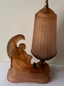 lot 109 image: Vintage Art Deco Houze Frosted Pink Boudoir Reclining Nude Lamp