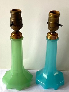 lot 104 image: Pair of Houze Dresser Lamps - Houze Nile Green Dresser Lamp & Houze Baby Blue Dresser Lamp