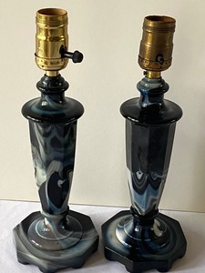 lot 105 image: Pair of Globe Specialty Company Cobalt Blue Swirl Slag Glass or Akro Agate Lamps