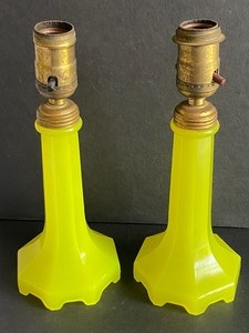 lot 103 image: Pair of Uranium Glass Houze Table or Dresser Lamps in Canary Yellow