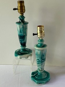lot 86 image: Pair of Globe Speciality Company Aqua Swirl Slag Glass Lamp