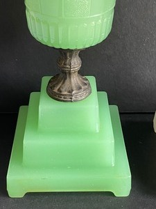 lot 87 image: Two Art Deco Houze Lamps Houze Green Nile Art Deco Lamp & Houze Moonstone Art Deco Lamp