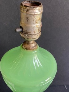 lot 73 image: Two Art Deco Houze Glass Table Top Lamps Houze Nile Green Lamp and Houze Moonstone Lamp
