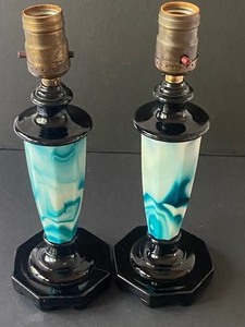 lot 160 image: Three Vintage Aqua Blue Akro Agate Houze Glass Lamps