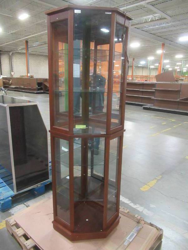 lot 151 image: Maristow Mirrored Back Corner Curio Cabinet with Lighting in Walnut, FScc-C-002-72W - Missing Bottom Glass Door.