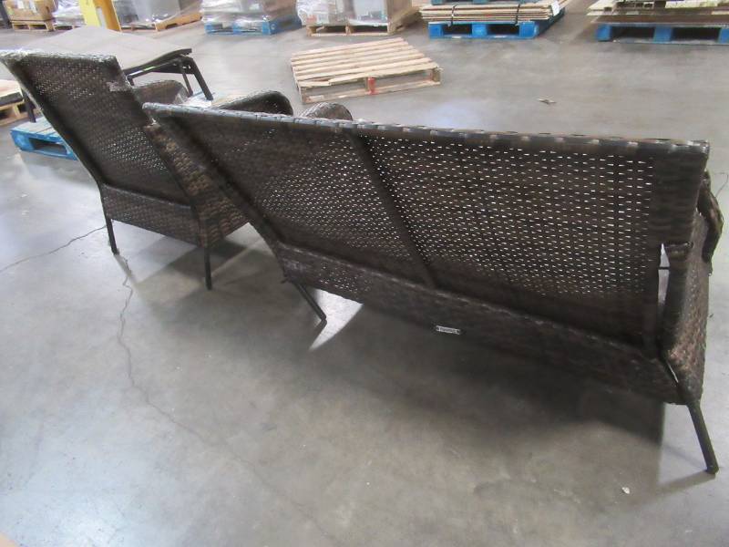 lot 535 image: Gableton Steel Outdoor Patio Wicker Loveseat and Chair with Beige Cushions - Love seat frame is BentDamaged, Chair has some wicker wearbroken pieces.