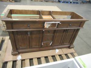 lot 12 image: Thomasville McGinnis 60 in. W x 20 in. D x 34.5 in. H Bath Vanity in Brown Oak - No Top, Scratch and Dent. Broken Middle Top Drawer. Needs some TLC.
