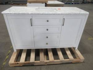 lot 16 image: Sandon 60 in. W x 22 in. D Bath Vanity in White with Marble Vanity Top in Carrara White with White Basin - Scratch and Dent, Cracked Top.