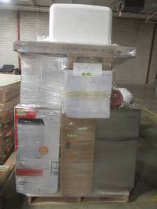 lot 17 image: LARGE WHOLESALESALVAGE PALLET (Approximately 25 Pieces) OF APPLIANCES, SHOPVAC, BUILDING MATERIALS AND MORE