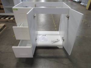 lot 14 image: Hawthorne 36 in. W x 21-34 in. D Vanity Cabinet in Linen White with Left Hand Side Drawers, 30684. - No Top
