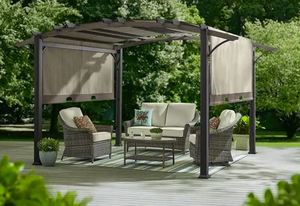 lot 161 image: Orchard Park 10.6 ft. x 13.3 ft. Brown Steel Arched Beam Pergola with Sling Canopy
