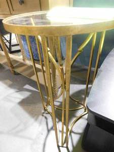 lot 61 image: StyleWell Gold Leaf Metal and Glass Accent Table with Hourglass Shape Base (15.75 in. W x 27.75 in. H)