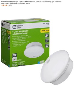 (5) Commercial Electric Spin Light 7 in. Motion Sensor LED Flush Mount Ceiling Light Customize Hold Times Closet Rated 830 Lumens 4000K. See Pictures