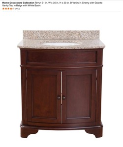 (3) Home Decorators Collection Terryn 31 in. W x 35 in. H x 20 in. D Vanity in Cherry with Granite Vanity Top in Beige with White Basin. See Pictures