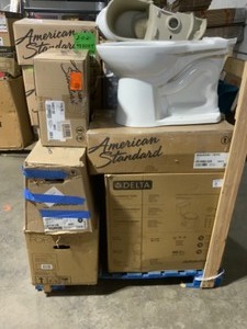 Pallet of Salvaged Toilets, Tanks, Toilet Seat, Sink Pedestals and Sink Tops. All For Parts or Repair. See Pictures